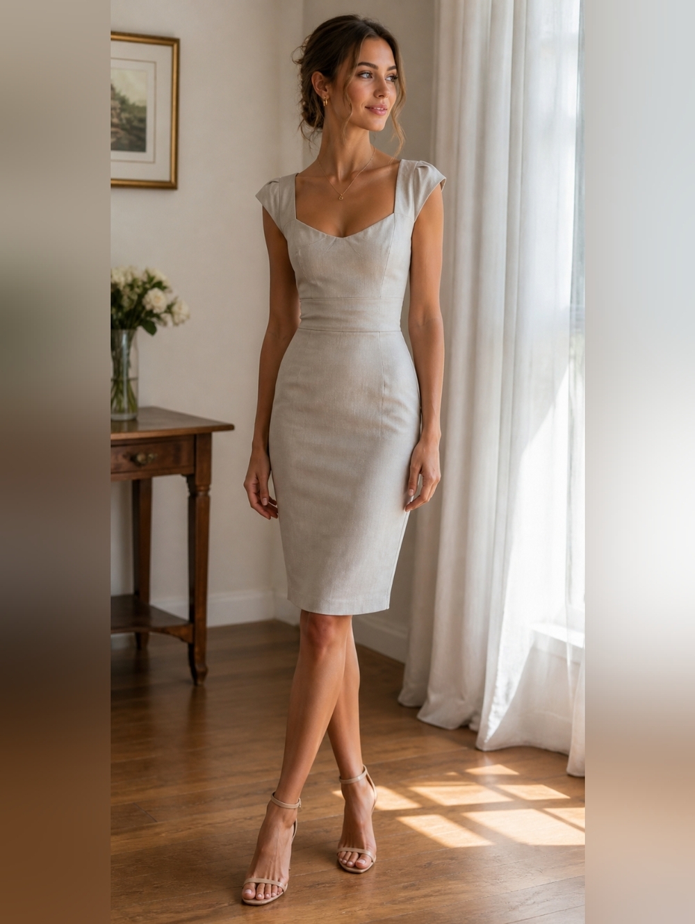 XOXO Cream/Tan Cap Sleeve Sheath Dress – Size 1/2 Spring Bodycon Office Cocktail